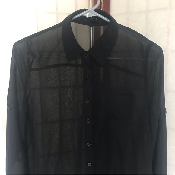 MINE Black Full Sheer Button Down Shirt/Blouse/Top, Size M - Picture 2 of 9